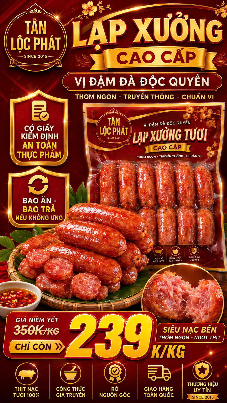 Banner ưu đãi lạp xưởng Tân Lộc Phát với gói đỏ, lạp xưởng thành phẩm và giá 239.000 đồng mỗi kg
